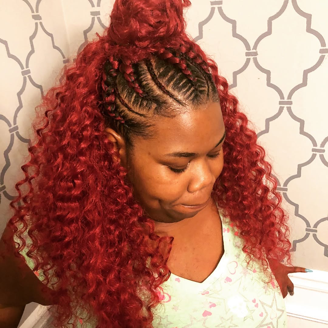 bold feed in braids with curly extensions