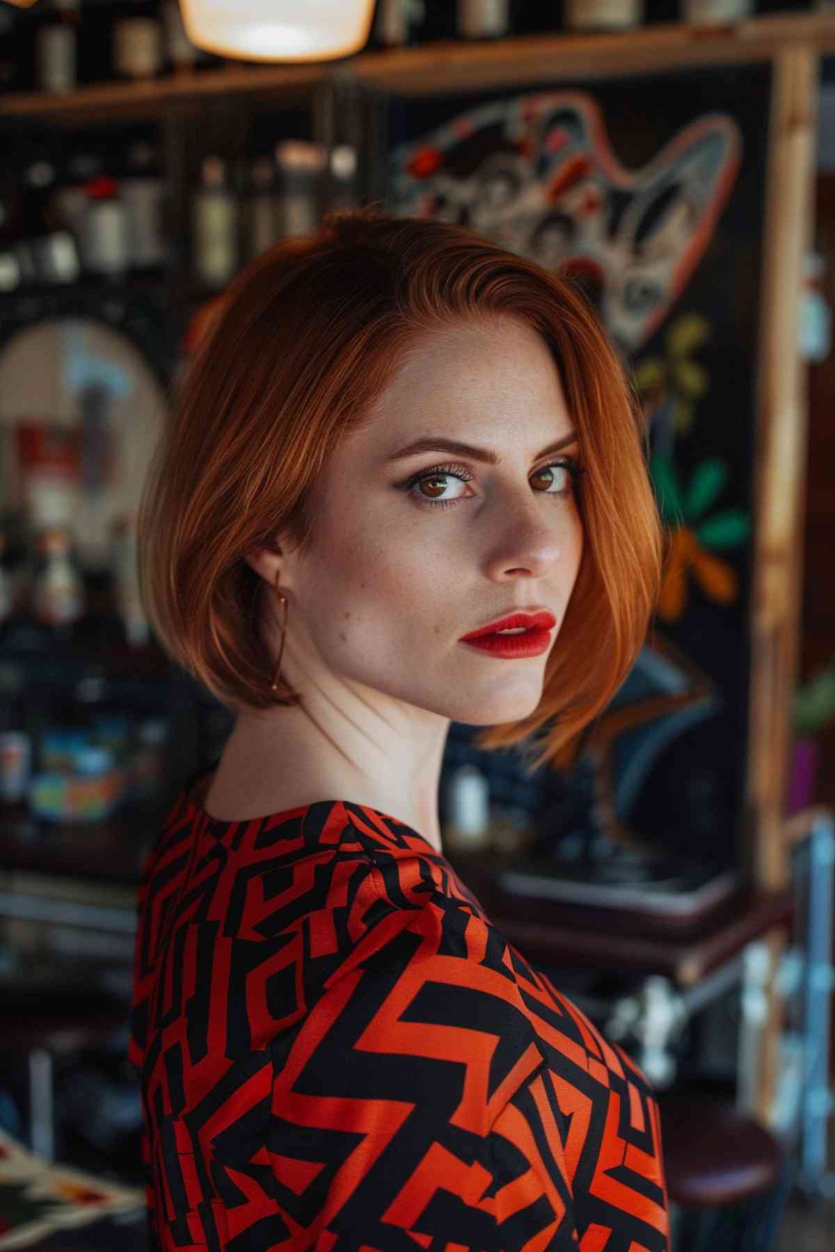 Woman with copper chin-length bob and red lipstick