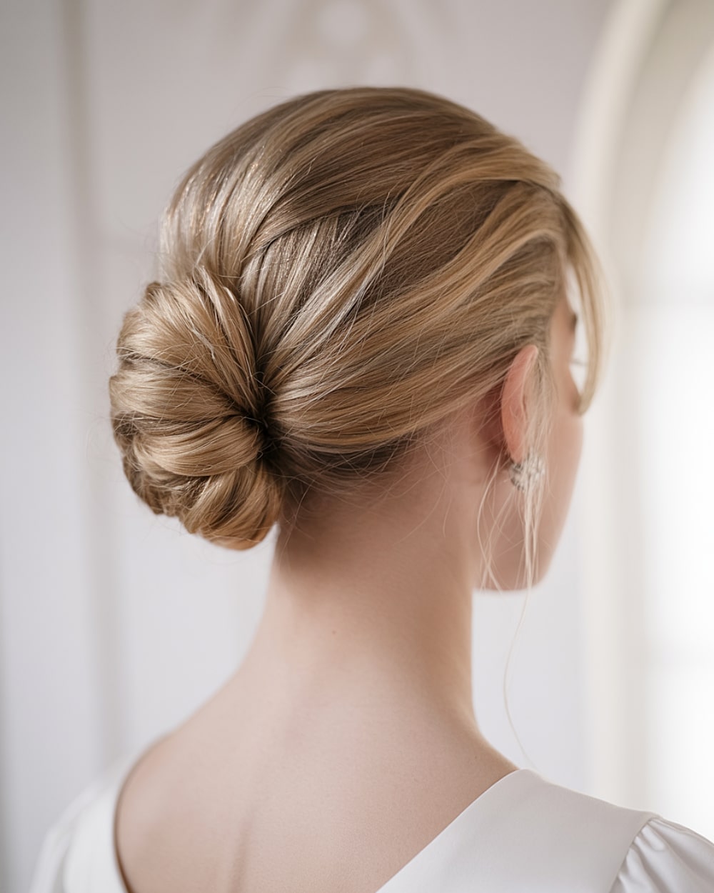 Polished French twist low bun updo for straight fine blonde hair, ideal for formal easy updo styles
