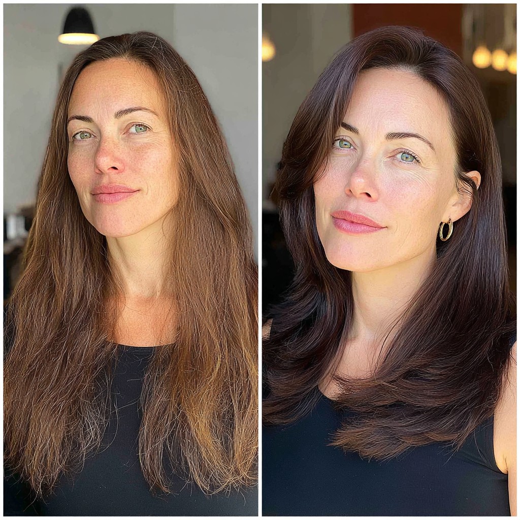 face framing chocolate layered lob soft curtain