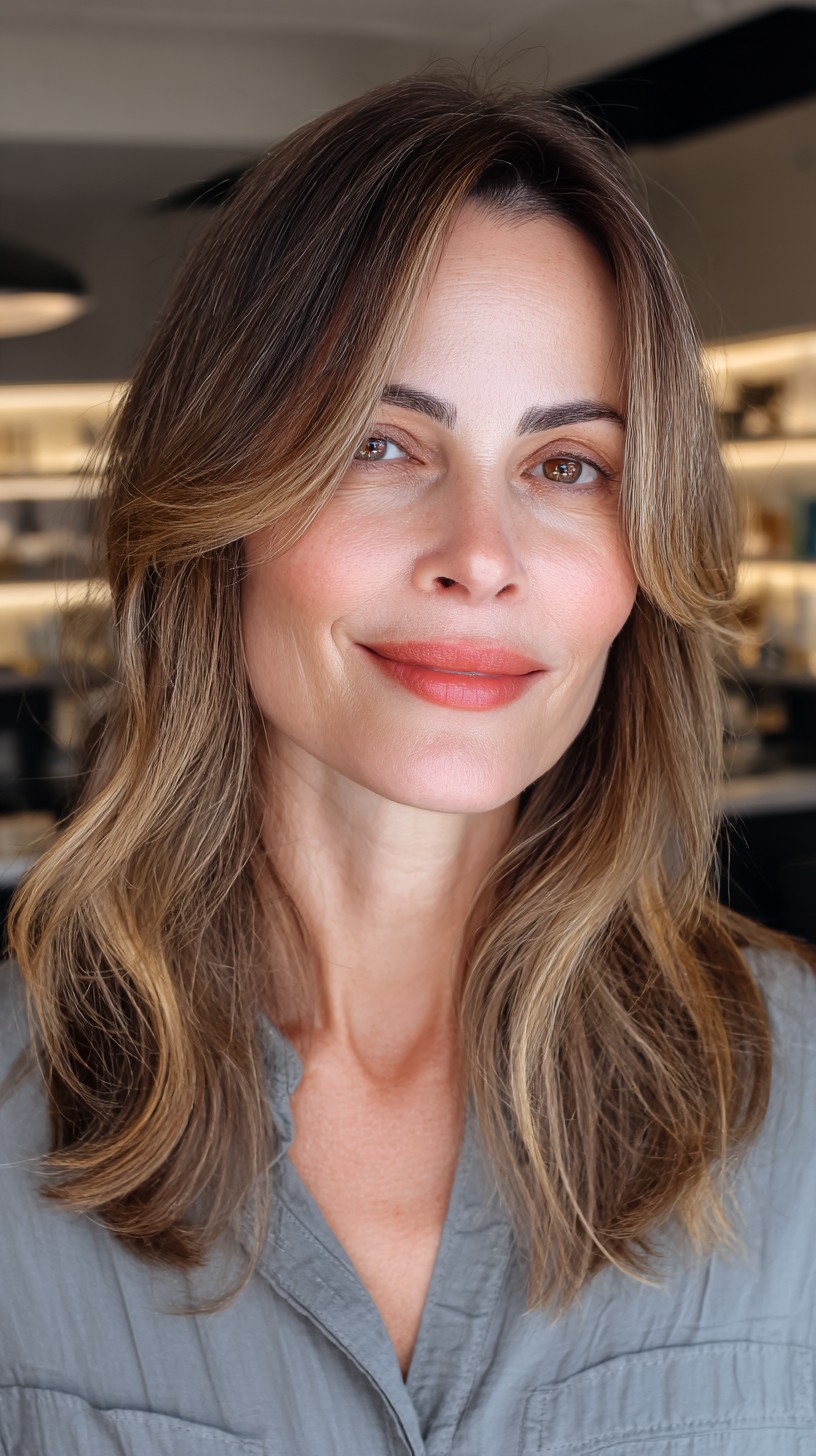 gorgeous long layered curtain bangs with subtle highlights