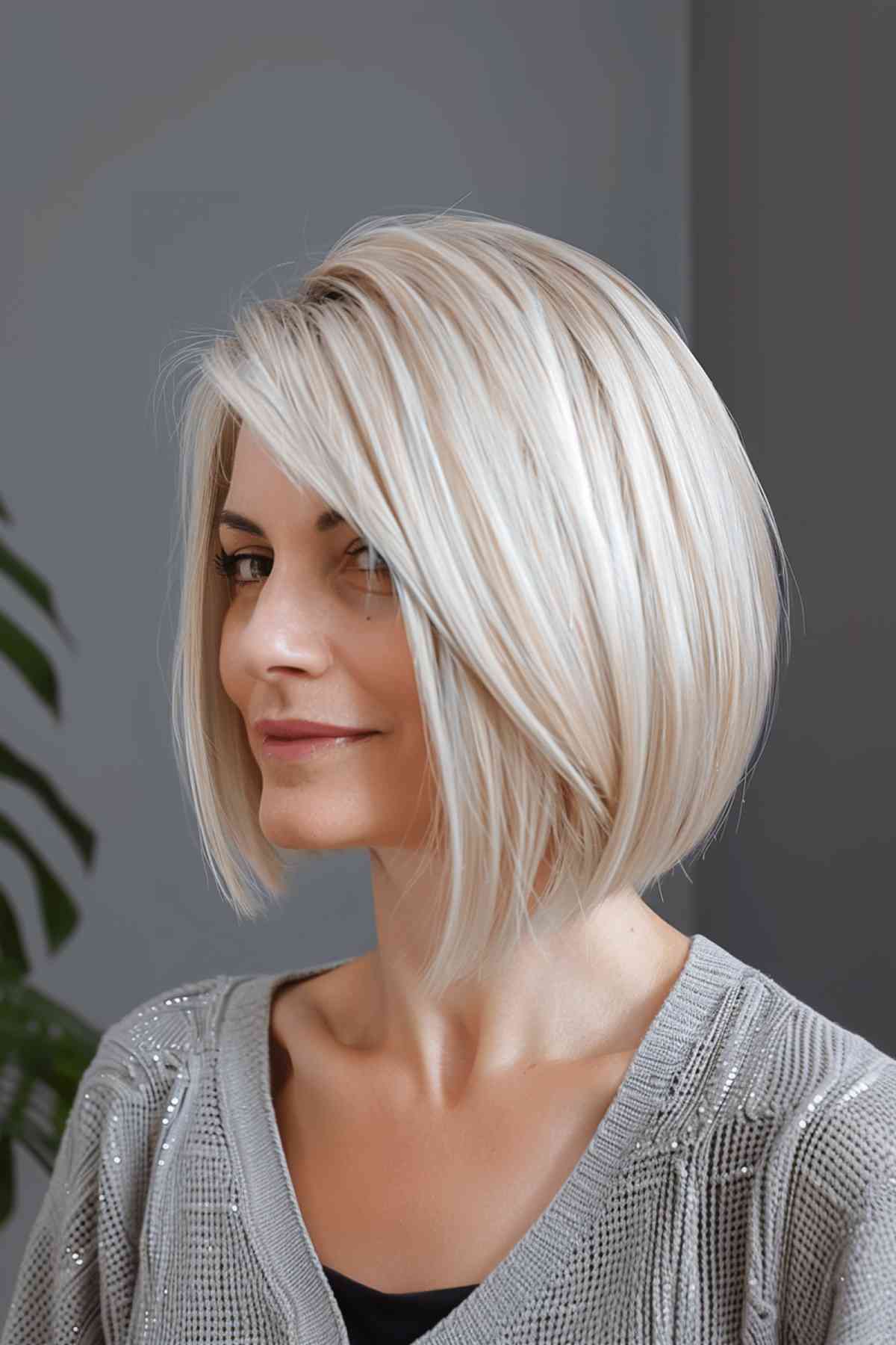 Neck-length angled bob with platinum blonde balayage