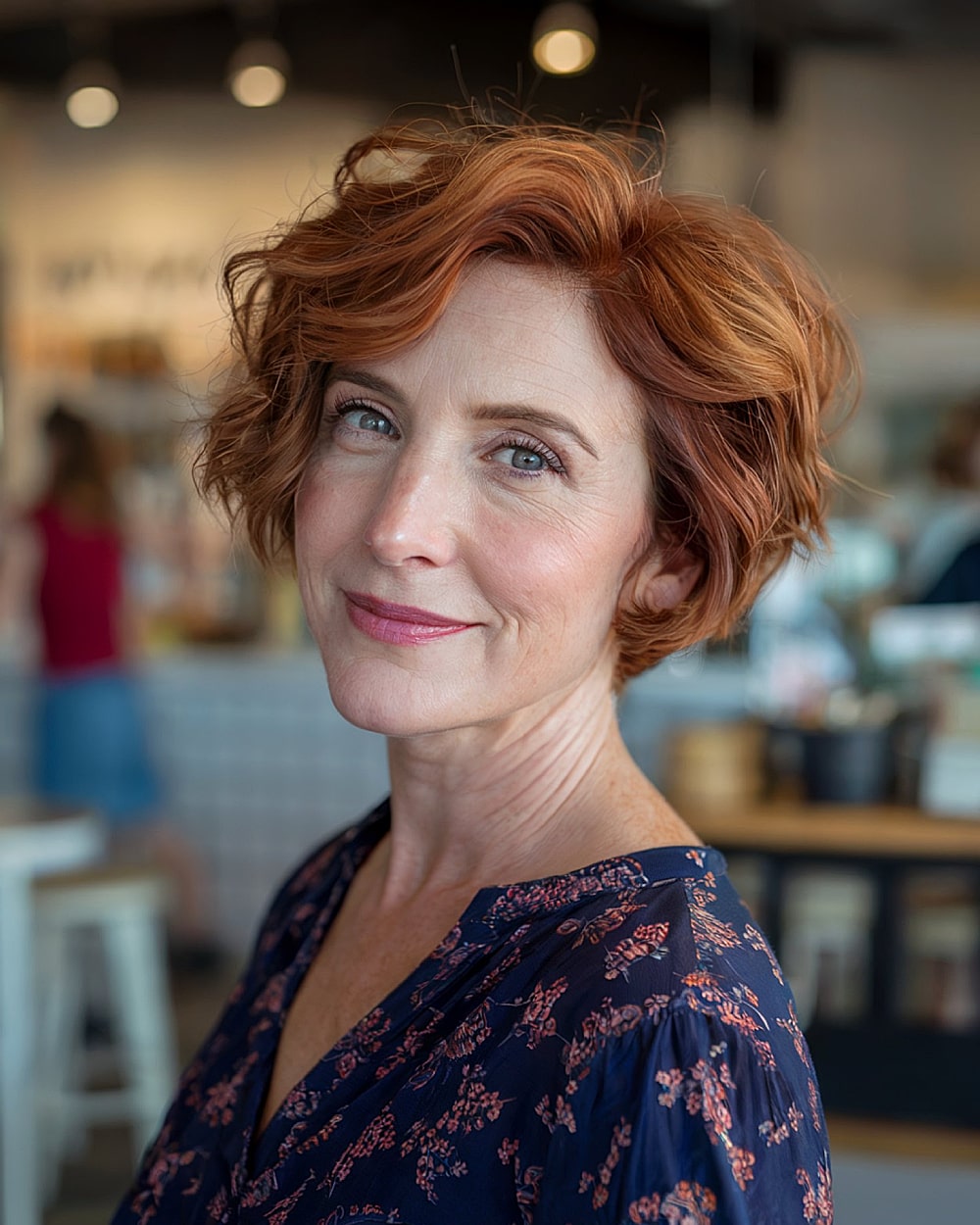 Textured copper pixie bob with sculpted waves and volume, flattering older women with natural curl or body