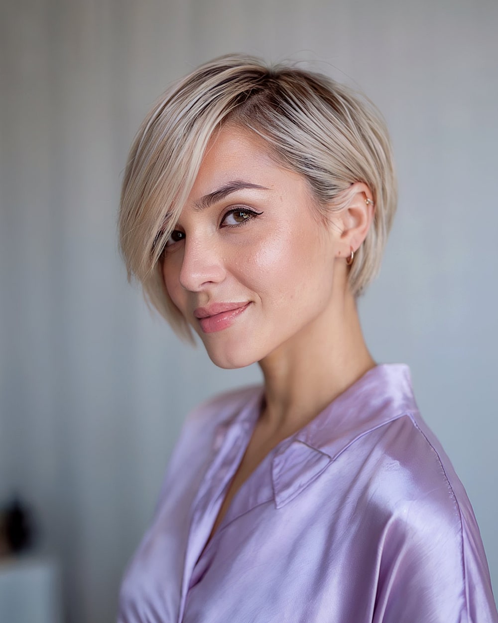 Side-swept platinum blonde pixie bob for older women with sleek layers and undercut detailing