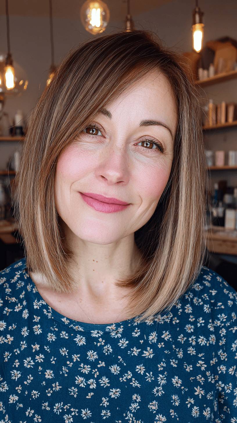 sleek blunt cut with subtle caramel highlights