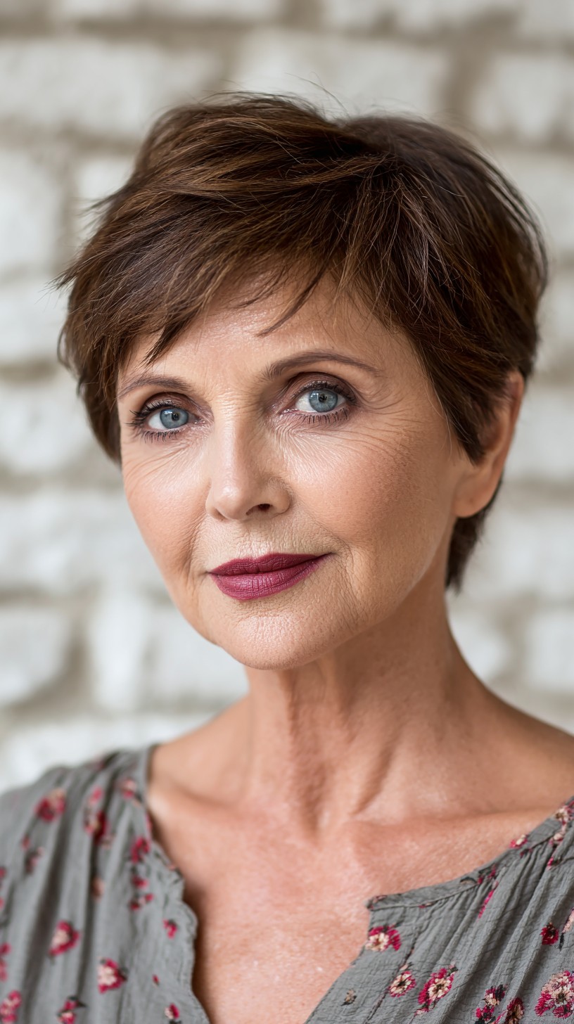 sleek tousled pixie with subtle highlights