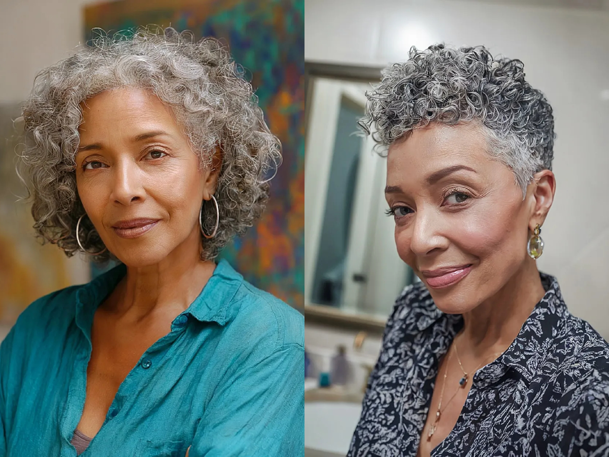 Stylish short curly gray hairstyles for women over 50