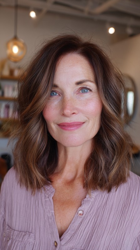textured lob with warm highlights and soft waves