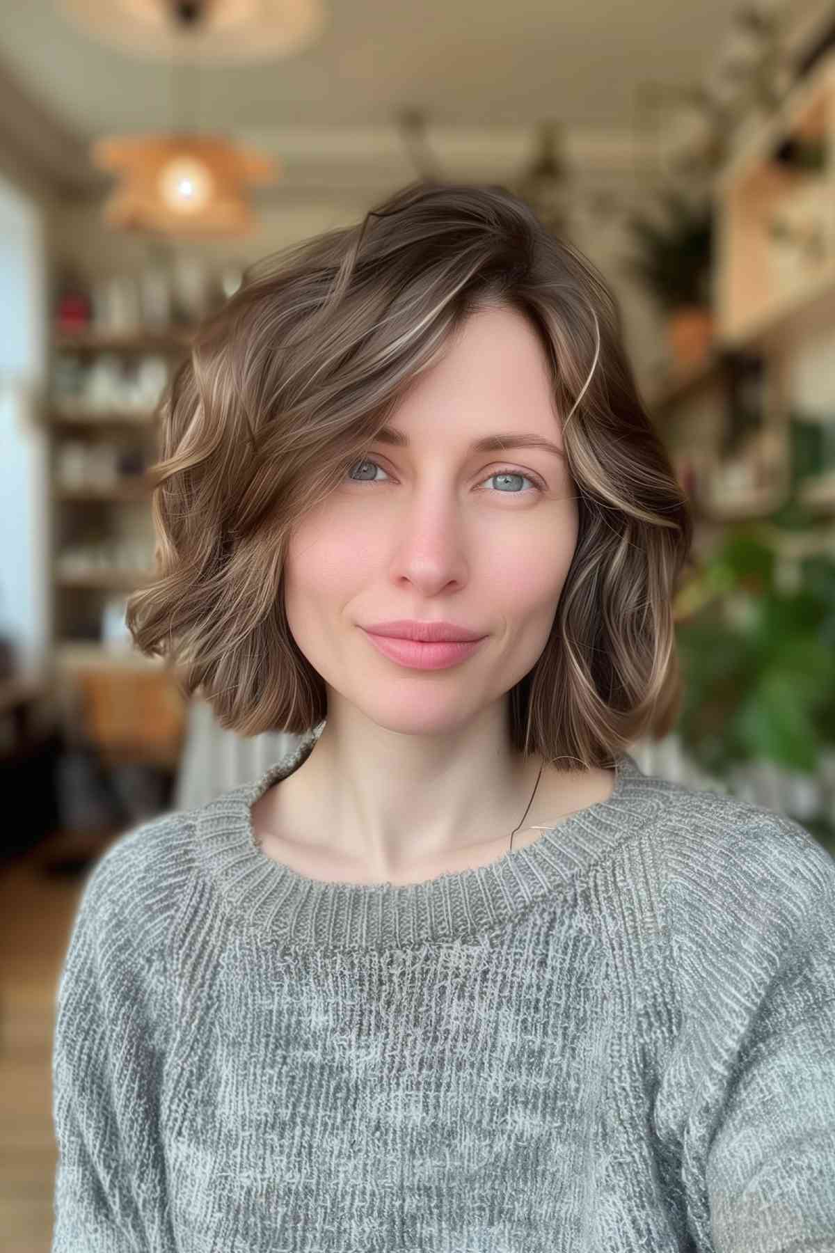 Woman with tousled chin-length layered balayage bob smiling indoors