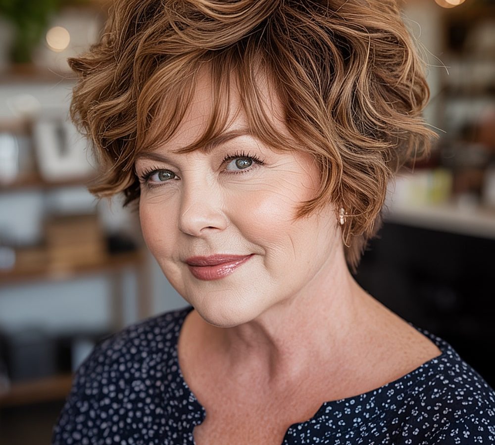 Wavy pixie cut with layered shape for round face and plus size women over 50
