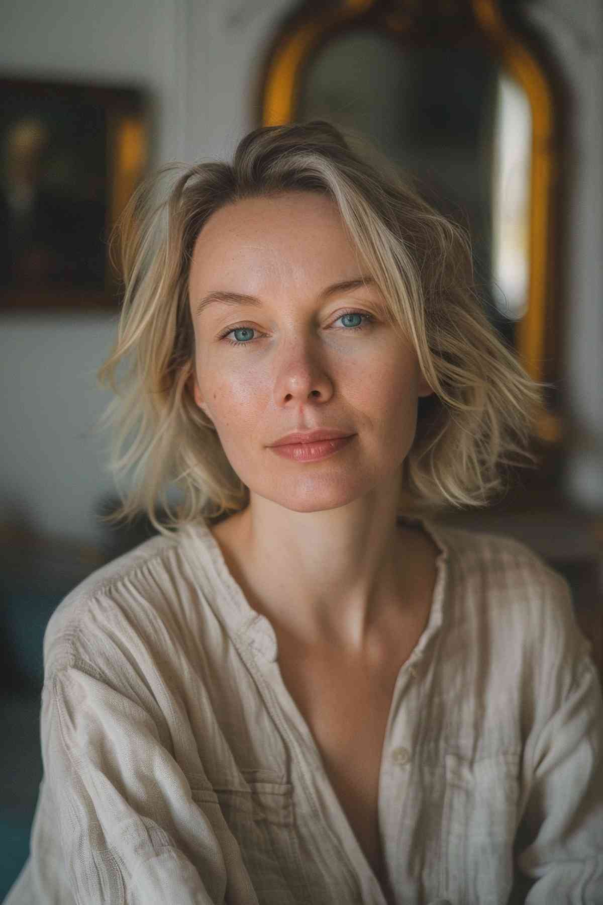 Woman with chin-length tousled fine blonde hair