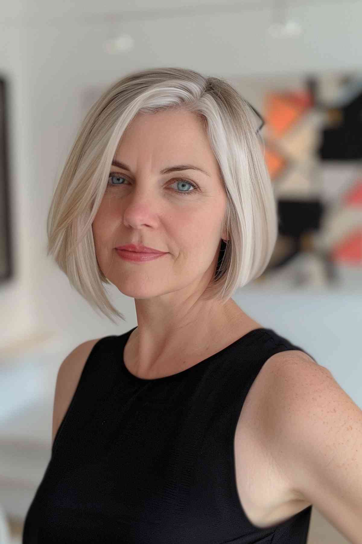 Woman with sleek platinum blonde bob chin-length hairstyle