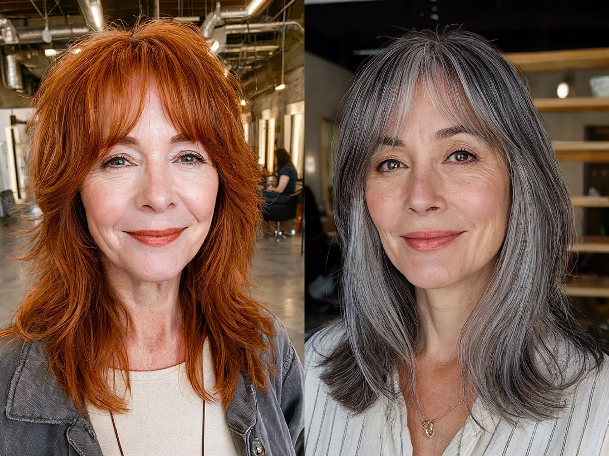 Youthful curtain bangs medium hair hairstyles for women in their 60s